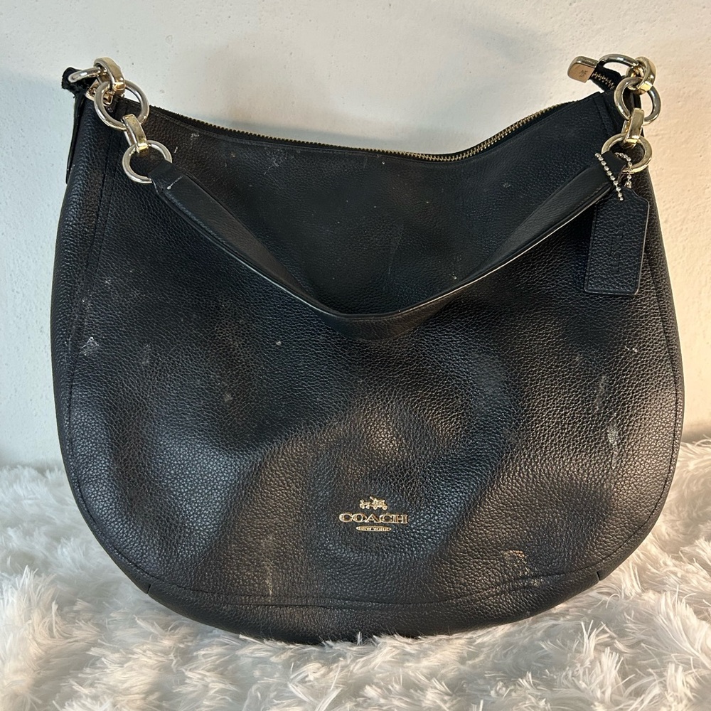 Coach Black Pebble Leather Shoulder Hobo with Gold Hardware